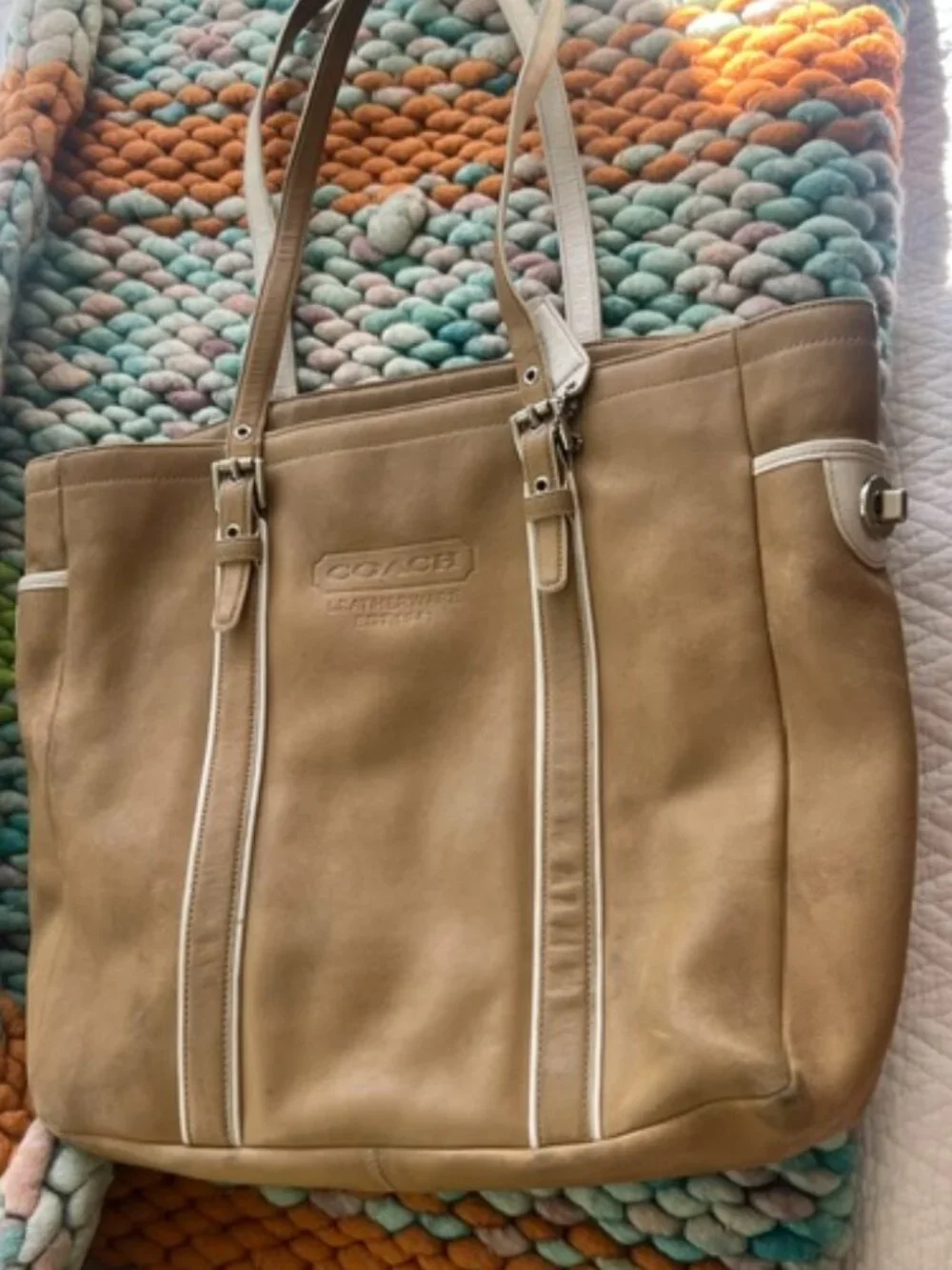 Vintage Coach Tan & White Trim Tote Bag